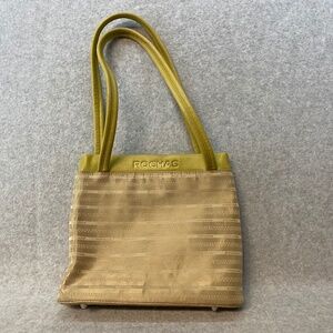 Rochas Paris Two Handle Purse Fabric & Leather 10" Tan / Green Phone Pouch
